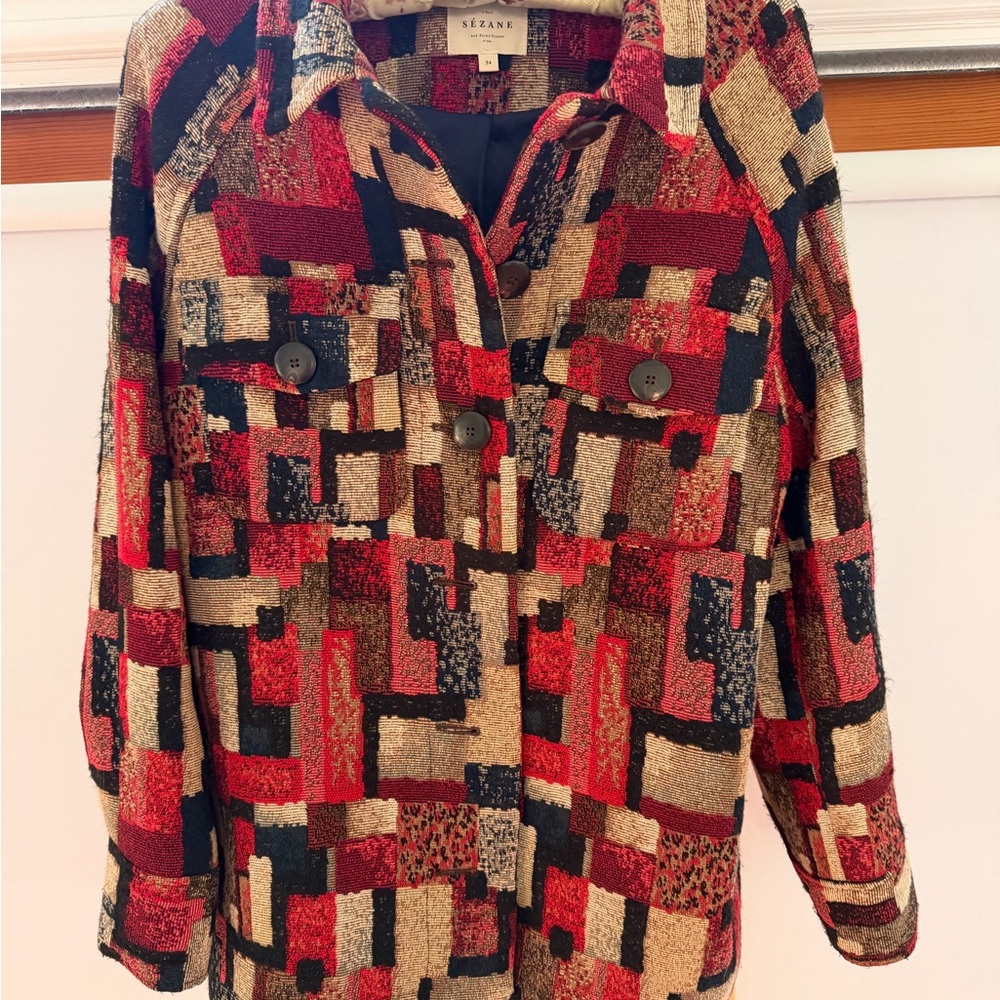 Sezane Red, Beige & Black Patchwork Button-Front Jacket